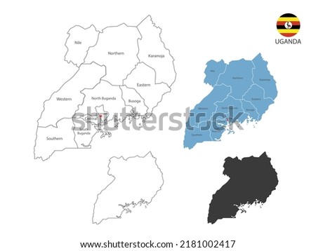 4 style of Uganda map vector illustration have all province and mark the capital city of Uganda. By thin black outline simplicity style and dark shadow style. Isolated on white background.