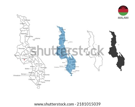 4 style of Malawi map vector illustration have all province and mark the capital city of Malawi. By thin black outline simplicity style and dark shadow style. Isolated on white background.
