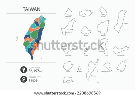 Map of Taiwan with detailed country map. Map elements of cities, total areas and capital.