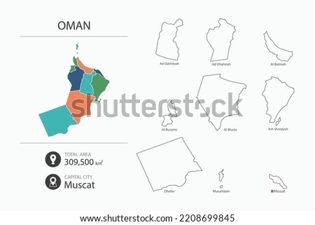 Map of Oman with detailed country map. Map elements of cities, total areas and capital.
