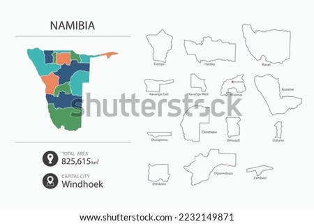 Map of Namibia with detailed country map. Map elements of cities, total areas and capital.