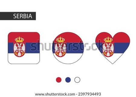 Serbia 3 shapes (square, circle, heart) with city flag. Isolated on white background.