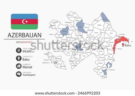 Azerbaijan map infographic elements with flag of city. Separate of heading is total areas, Currency, Language and the capital city in this country. Vector illustration.