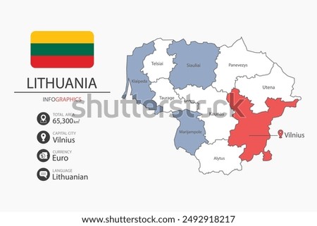 Lithuania map infographic elements with flag of city. Separate of heading is total areas, Currency, Language and the capital city in this country.