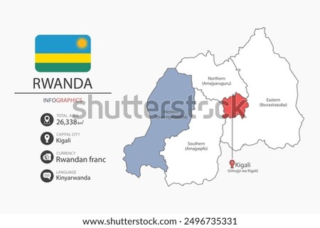 Rwanda map infographic elements with separate of heading is information in this country.