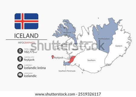 Iceland map infographic elements with flag of city. Separate of heading is total areas, Currency, Language and the capital city in this country.