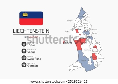 Liechtenstein map infographic elements with flag of city. Separate of heading is total areas, Currency, Language and the capital city in this country.