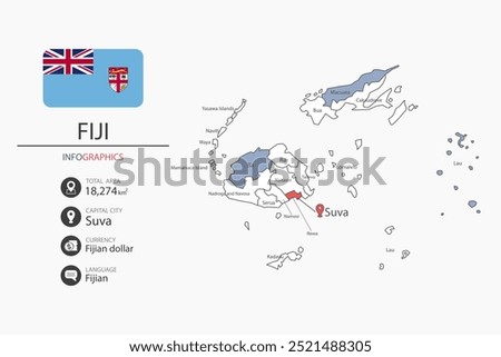 Fiji map infographic elements with flag of city. Separate of heading is total areas, Currency, Language and the capital city in this country.