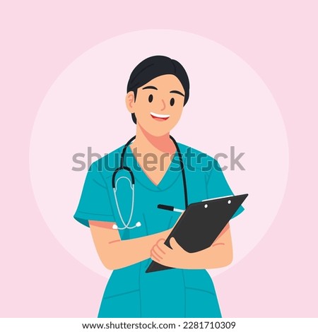 Female doctor smiling and writing on clip-board. Flat vector style characters, Healthcare illustrations.