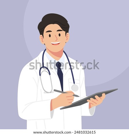 Male doctor smiling with happy face. Holding a computer tablet. Flat vector style characters, Healthcare illustrations.