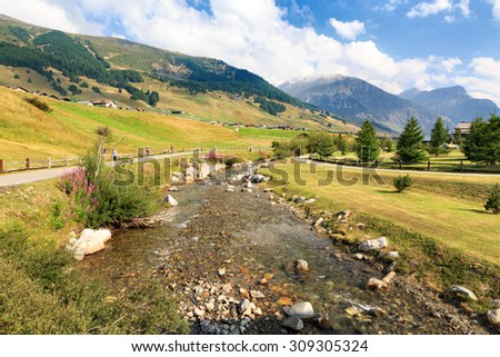 Scenic landscape in Livigno, Lombardy, Italy with a river flowing through a lush green alpine valley alongside a road on a sunny summer day, a popular summer and winter tourist resort