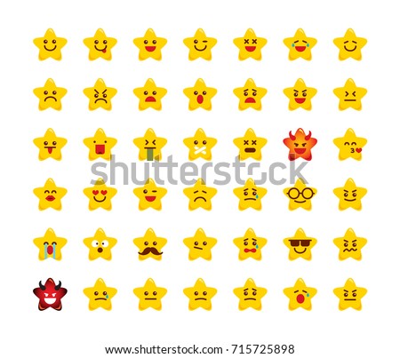 Collection of star emoticons. Set of emoji stars. Isolated vector illustration on transparent background.