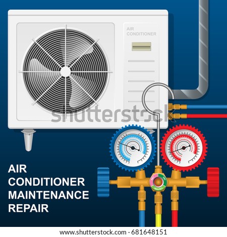 Maintenance Repair Air Conditioner Compressor Unit with Manifold Gauge Cool Fail Instrument Test