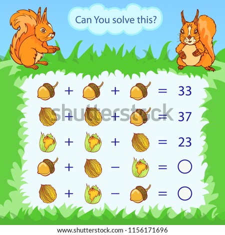 Mathematical count game for kids. Matching task with nuts and acorns. Can You solve this? Children funny riddle entertainment. Find right answer. Mathematics vector activity page and game. Foto d'archivio © 