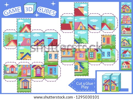 Kids paper craft. 3 d Cubes puzzle. Cut and glue cube with cartoon houses. Children activities game. Find matching parts picture. Kids activity page for book. Vector illustration.
