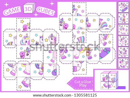 Kids paper craft. 3 d Cubes puzzle. Cut and glue cube with cute unicorns. Children activities game. Find matching parts picture. Kids activity page for book. Vector illustration.