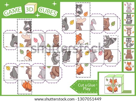 Kids paper craft. 3 d Cubes puzzle. Cut and glue cube with cute forest animals. Children activities game. Find matching parts picture. Kids activity page for book. Vector illustration.