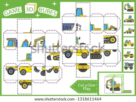 Kids paper craft. 3 d Cubes puzzle. Cut and glue cube with construction machinery. Children activities game. Find matching parts picture. Kids activity page for book. Vector illustration.
