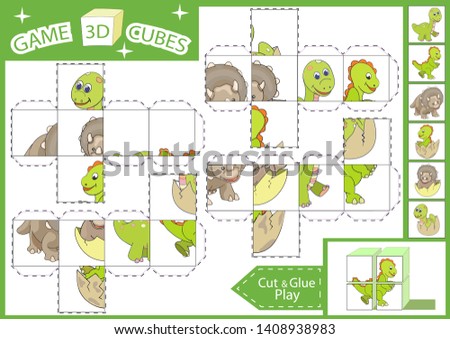 Children paper craft. 3 d Cubes puzzle. Kids game. Cut and glue cubes with cute dinosaurs. Find matching parts picture. Kids activity page for book. Vector illustration.