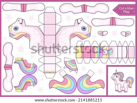Paper cut and glue game. 3d toy of unicorn. Kids craft template actives education worksheet. Children riddle create model of animal. Printable vector birthday activity party ideas. Foto stock © 