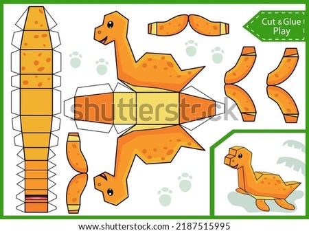 Cut and glue a paper 3d dinosaur. Kids craft page. DIY papercraft toys. Activity worksheet for children. Vector printable education game. Birthday decor. Vector illustration.