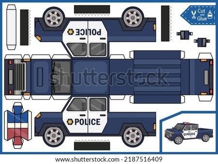 Kids craft template. Cut and glue paper police truck. Make 3d model of toys car. Vector activity page and wksheet for children.