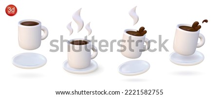 3d cup of coffee. Set render ceramic cups filled espresso with vapor. Vector realistic illustration hot drinks with black splash. 