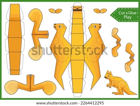 Kids craft template. Create to cut and glue paper animals. Cutout 3d puzzle of kangaroo. DIY papercraft toys. Activity worksheet for children. Vector printable education game. Birthday decor. 