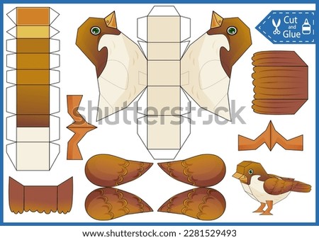 Kids craft game. Cut and glue paper 3d cute cartoon bird sparrow. Printable Activity education page papercraft template. DIY animal birthday décor.