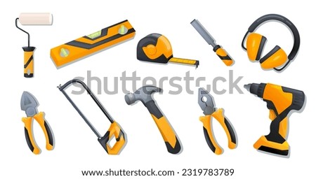 A set of various construction tools for repair. Isolated vector of drill, hammer, pliers, tape measure, building level, hard hat, helmet, sound-absorbing headphones, roller, chisel, metal scissors.