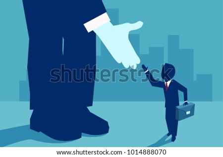 Vector picture of small businessman supported by unknown investor giving him opportunity. 