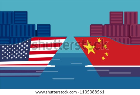 China and United States trade war concept. Vector of two cargo ships. Taxation of import and exports