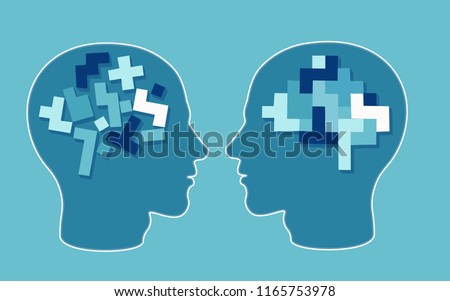 Vector concept of a puzzle head brain neurology and psychology. Rational and irrational thinking in the form of colourful arranged and disarranged shapes inside human head.