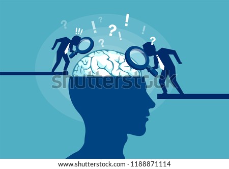 Colorful vector illustration of scientists researching brain and psychology of human on blue background