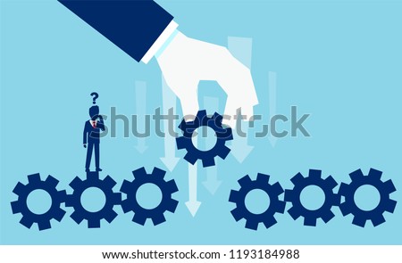 Vector of a perplexed businessman with question mark standing over machine gear wheel line cogwheel making a decision on replacing a missing part 