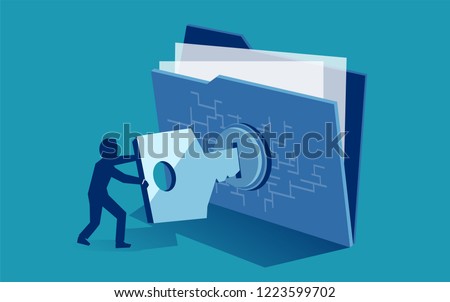 Cyber security digital file protection concept. Vector of man using security key to access digital file 