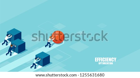 Vector of a smart businessman pushing a sphere leading the race against a group of slower businessmen pushing boxes. Winning strategy in business concept Stock foto © 
