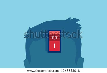 Vector of a brain power switch, turned on working fine, awake. Switch off negative thinking concept. isolated on blue