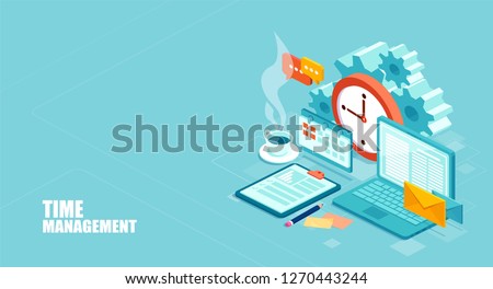 Time management concept. Efficient use of worktime for implementation of the business plan. Vector of a top view of the workplace. 