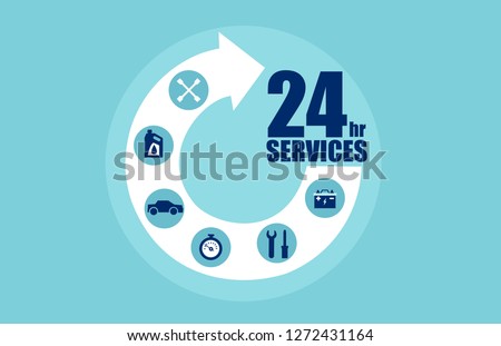 Circle arrow step services 24 hours with icons for automobile care. Vector for car services concept