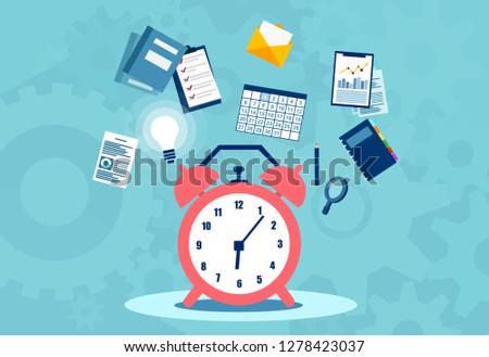 Time management planning, organization and working overtime concept. Flat vector illustration.