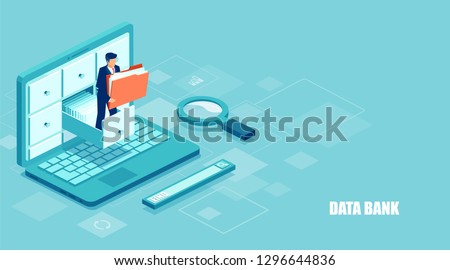 Isometric concept of database. Vector of a businessman holding a folder with documents from the archive managing online digital database 
