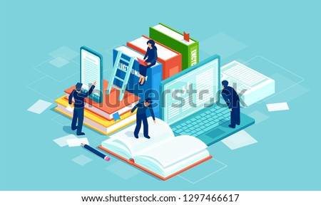 Dictionary, modern library and web archive. Literature and digital culture. Vector of people reading books using modern technology. 