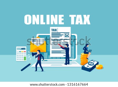 Filling taxes online concept. Vector of people filling tax form documents using internet services 