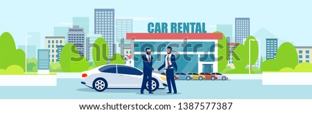 Sale or car rental concept. Vector of a salesman giving automobile keys to a customer on a city showroom background 