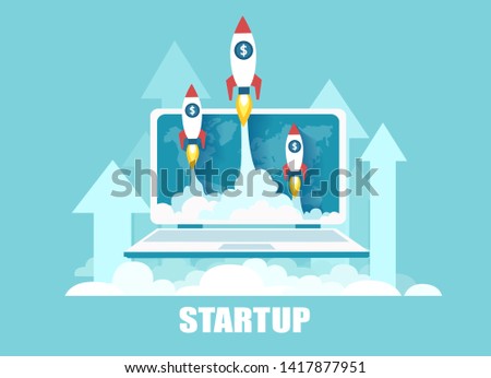 Vector of rockets flying up out of laptop screen as a symbol of successful launch of online startup