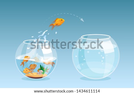 Vector of a goldfish jumping out a fishbowl to another aquarium, better place with clear water