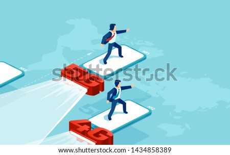 Isometric vector of a 5G network system and internet competing with 4G. Modern fast speed wireless technology concept 