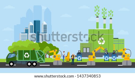 Green city and waste management landscape. Vector of a profitable recycling factory and automated robot sorting process on a background of eco friendly cityscape 