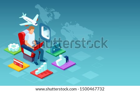 Vector of a man working on laptop computer online using inflight WiFi provided by airline. 